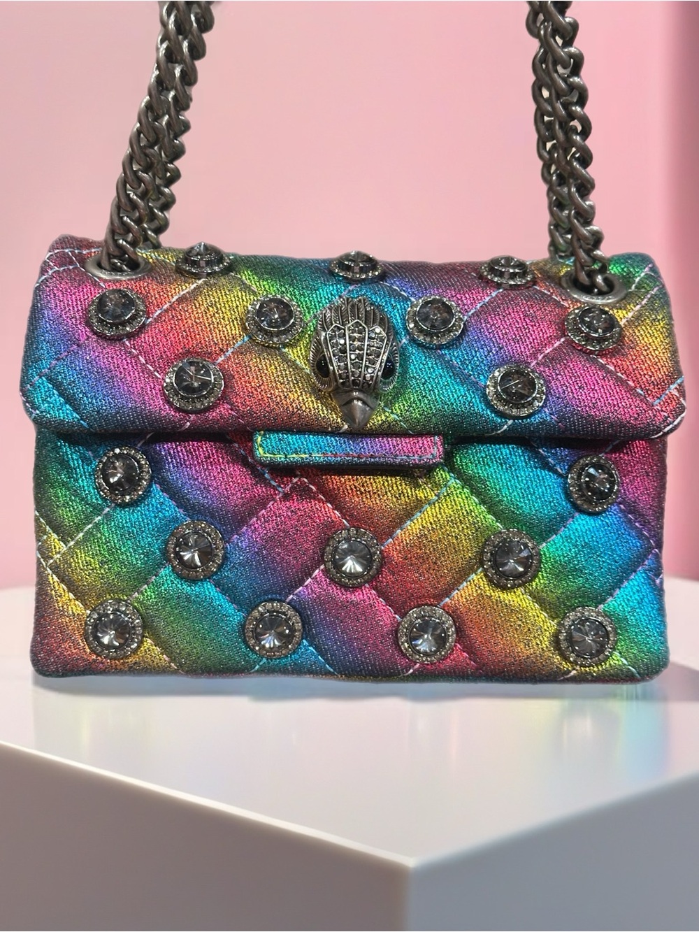 Kurt Geiger Denim Metallic Rainbow Quilted 2 Way Bag W/crystal Studs NWOT - Picture 2 of 10